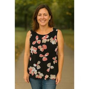 Liz Claiborne‎ Women PL Pink Floral Sleeveless Black Shirt Business Casual